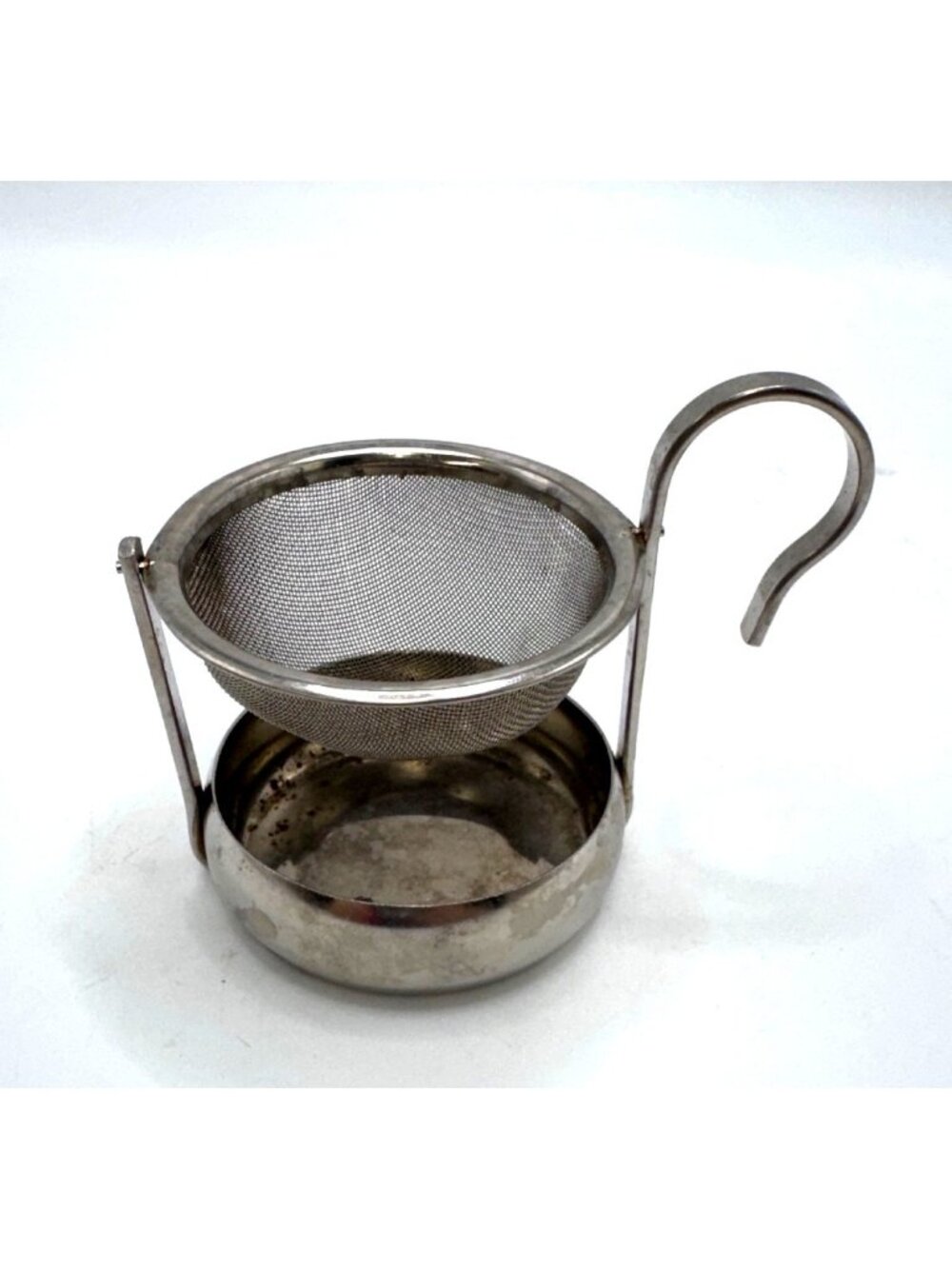 Vintage Stainless Steel Hook Tipping Tea Strainer  Drip Bowl - 3 " Retro Minimal